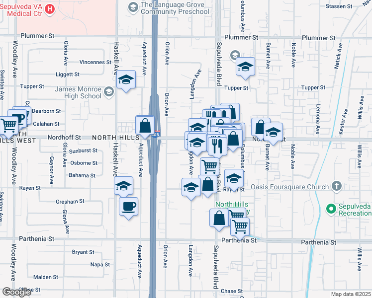 map of restaurants, bars, coffee shops, grocery stores, and more near 9047 Langdon Avenue in Los Angeles