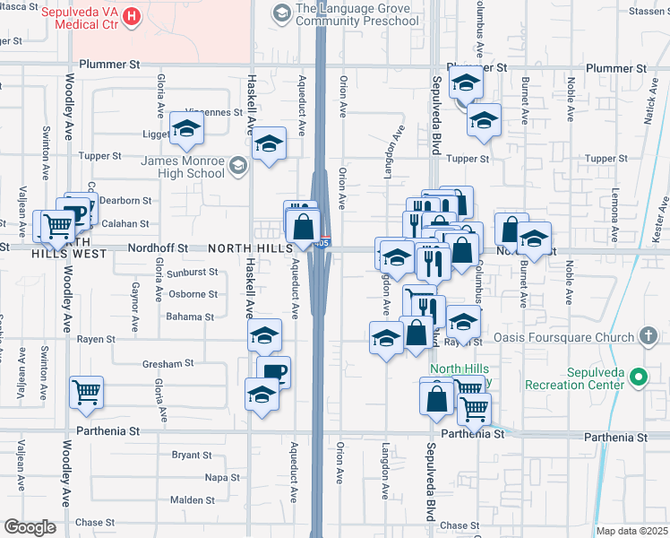 map of restaurants, bars, coffee shops, grocery stores, and more near 9015 Orion Avenue in Los Angeles