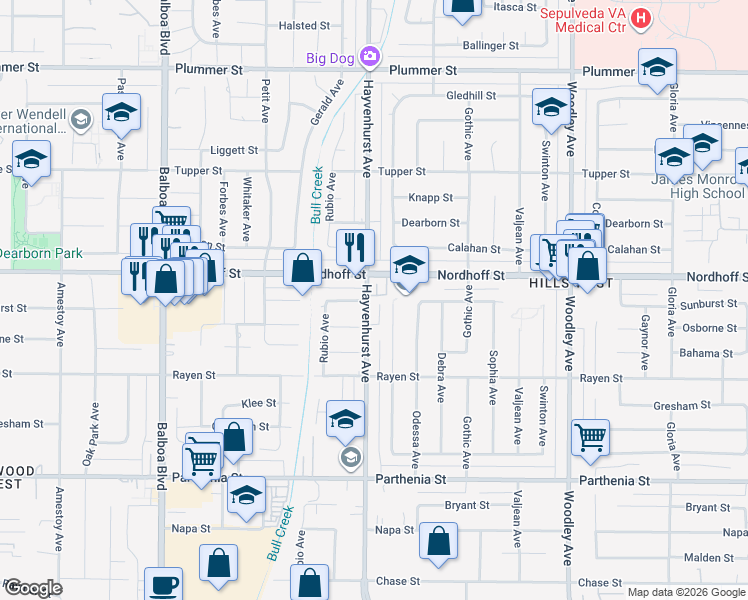 map of restaurants, bars, coffee shops, grocery stores, and more near 16600 Sunburst Street in Los Angeles