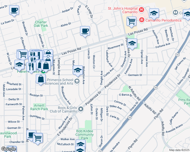 map of restaurants, bars, coffee shops, grocery stores, and more near 3130 Corby Avenue in Camarillo