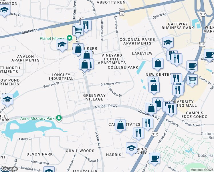 map of restaurants, bars, coffee shops, grocery stores, and more near 366 Lullwater Drive in Wilmington