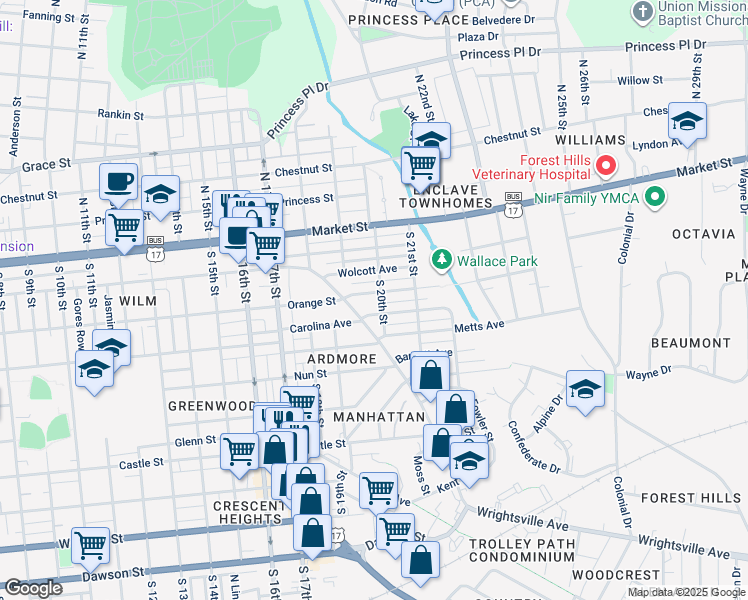 map of restaurants, bars, coffee shops, grocery stores, and more near 1909 Creecy Avenue in Wilmington