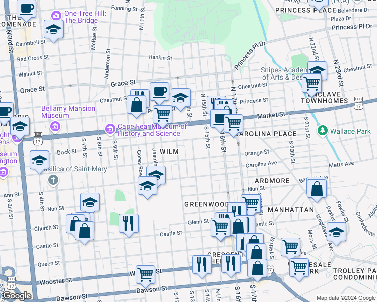 map of restaurants, bars, coffee shops, grocery stores, and more near 1401 Orange Street in Wilmington