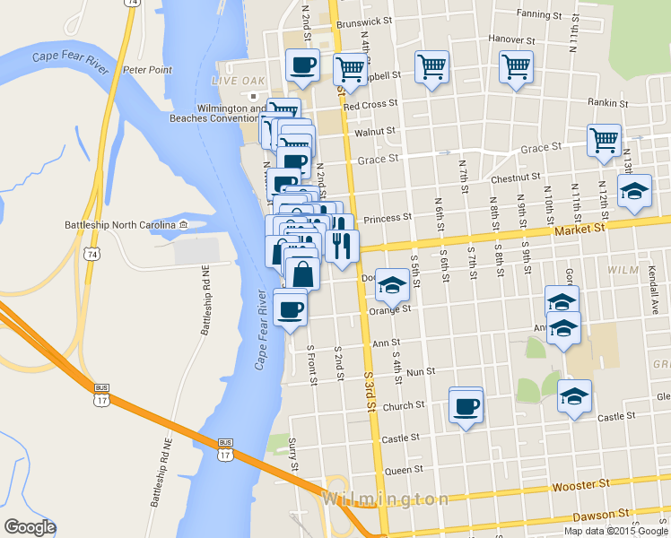 map of restaurants, bars, coffee shops, grocery stores, and more near 26 South 2nd Street in Wilmington