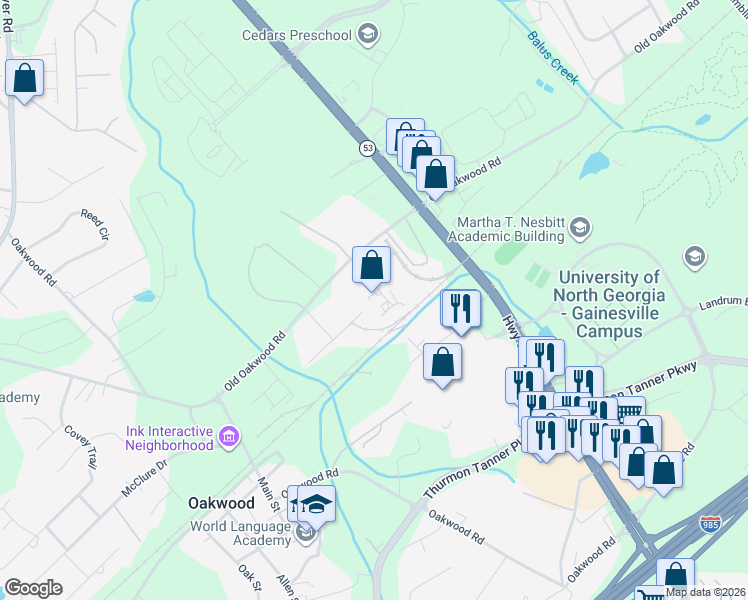 map of restaurants, bars, coffee shops, grocery stores, and more near 3669 Old Oakwood Road in Oakwood