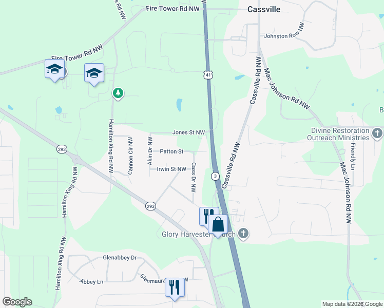 map of restaurants, bars, coffee shops, grocery stores, and more near 299 Cass Pine Log Road Northeast in White