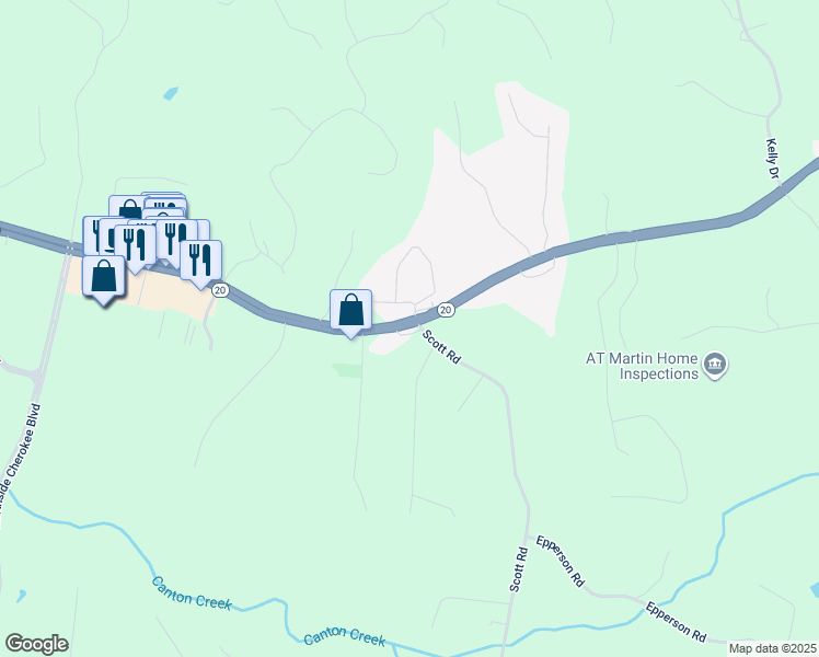 map of restaurants, bars, coffee shops, grocery stores, and more near Scott Road in Canton