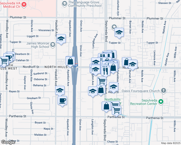 map of restaurants, bars, coffee shops, grocery stores, and more near 9047 Langdon Avenue in Los Angeles