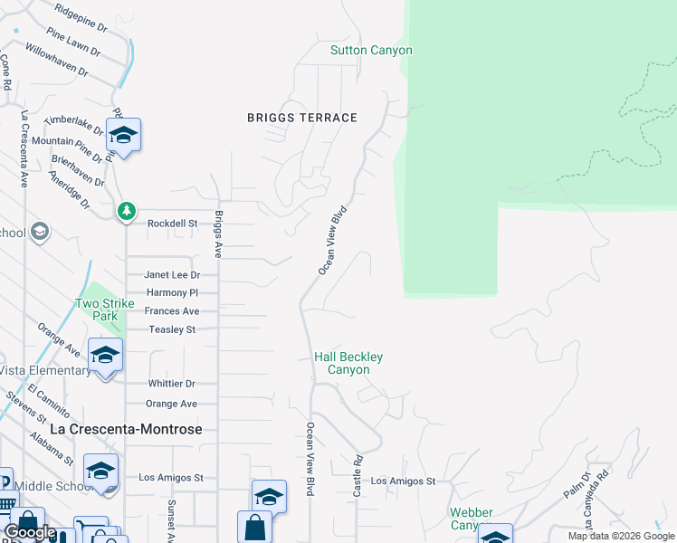 map of restaurants, bars, coffee shops, grocery stores, and more near 5444 Ocean View Boulevard in La Cañada Flintridge