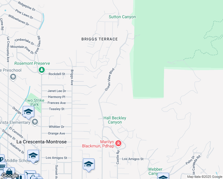 map of restaurants, bars, coffee shops, grocery stores, and more near 5447 Rock Castle Drive in La Cañada Flintridge