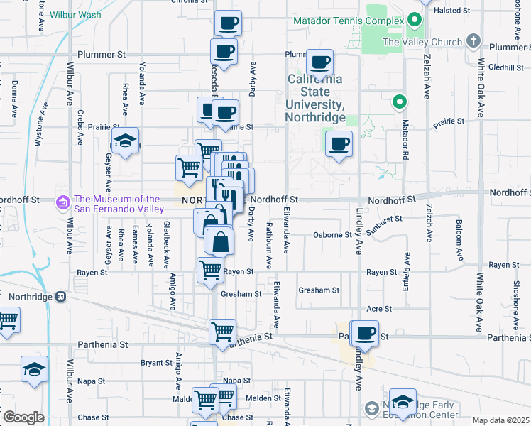 map of restaurants, bars, coffee shops, grocery stores, and more near 9037 Rathburn Avenue in Los Angeles