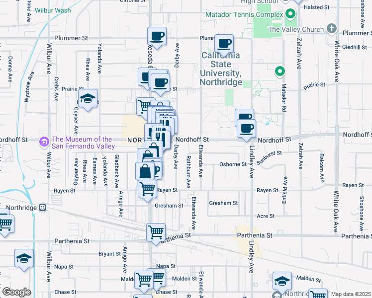 map of restaurants, bars, coffee shops, grocery stores, and more near 9037 Rathburn Avenue in Los Angeles