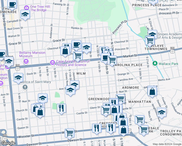 map of restaurants, bars, coffee shops, grocery stores, and more near 114 South 14th Street in Wilmington