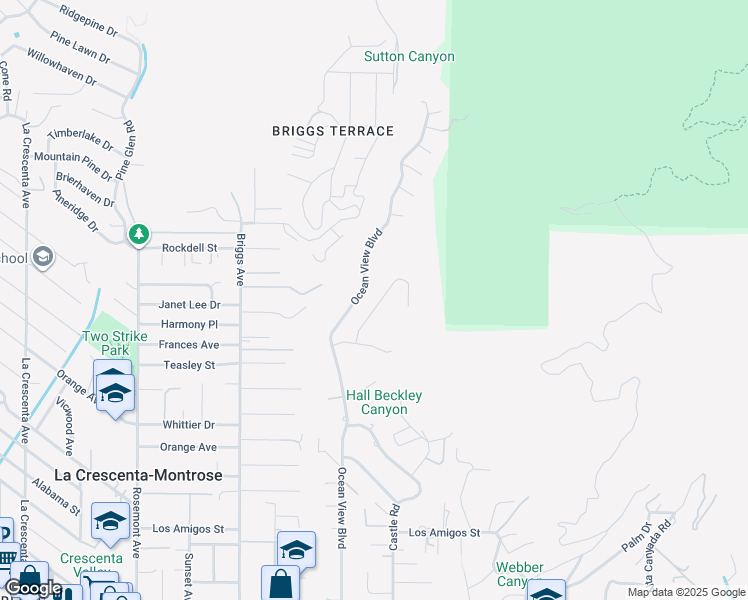 map of restaurants, bars, coffee shops, grocery stores, and more near 5447 Rock Castle Drive in La Cañada Flintridge