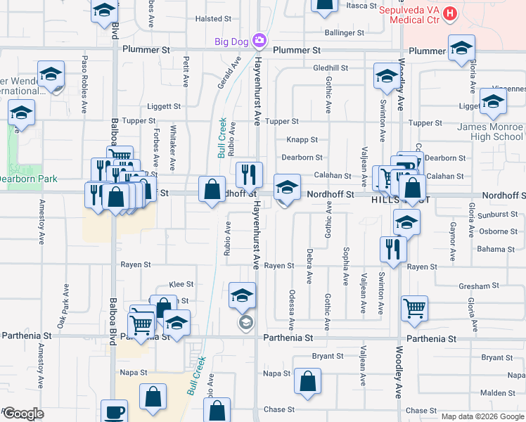 map of restaurants, bars, coffee shops, grocery stores, and more near 16600 Sunburst Street in Los Angeles