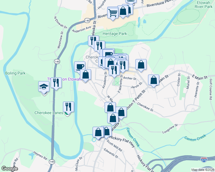 map of restaurants, bars, coffee shops, grocery stores, and more near 210 West Marietta Street in Canton