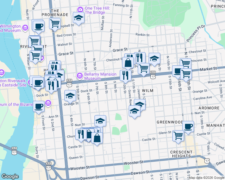 map of restaurants, bars, coffee shops, grocery stores, and more near 816 Dock Street in Wilmington