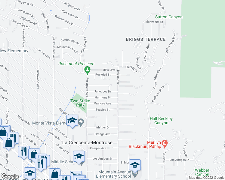 map of restaurants, bars, coffee shops, grocery stores, and more near 2417 Janet Lee Drive in La Crescenta-Montrose