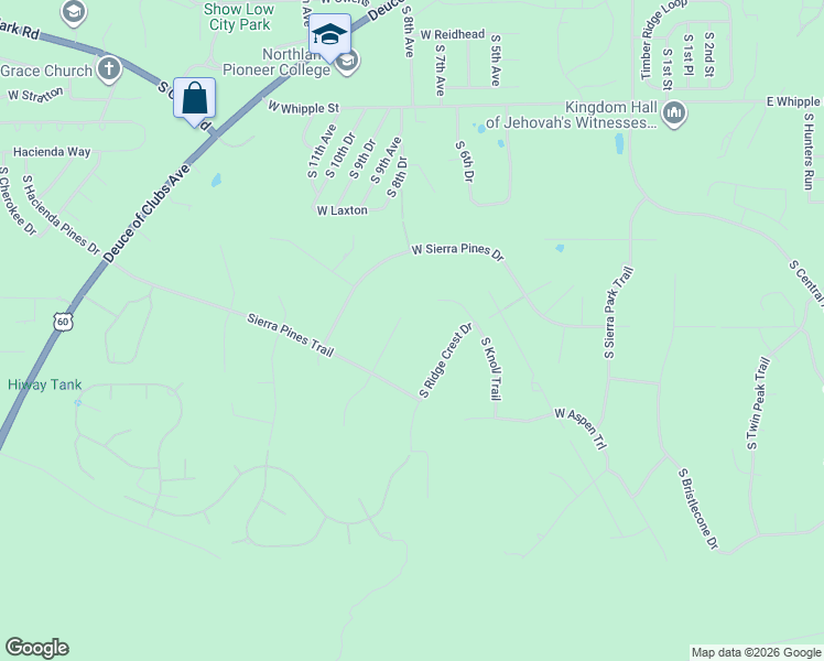 map of restaurants, bars, coffee shops, grocery stores, and more near 1700 Ridge Crest Drive in Show Low