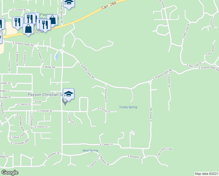 map of restaurants, bars, coffee shops, grocery stores, and more near 1401 East Granite Dells Road in Payson