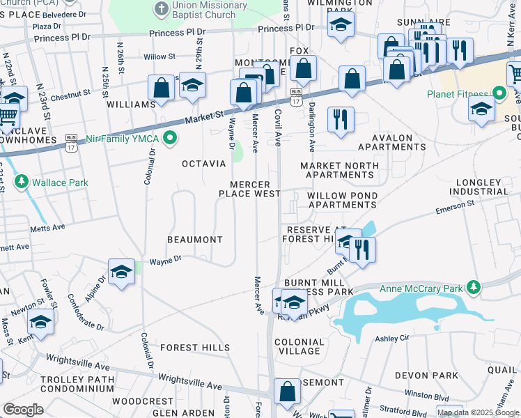 map of restaurants, bars, coffee shops, grocery stores, and more near 315 Mercer Avenue in Wilmington