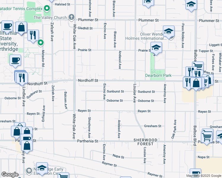 map of restaurants, bars, coffee shops, grocery stores, and more near 17439 Sunburst Street in Los Angeles