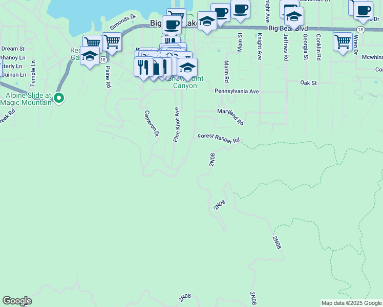 map of restaurants, bars, coffee shops, grocery stores, and more near 975 Knickerbocker Road in Big Bear Lake