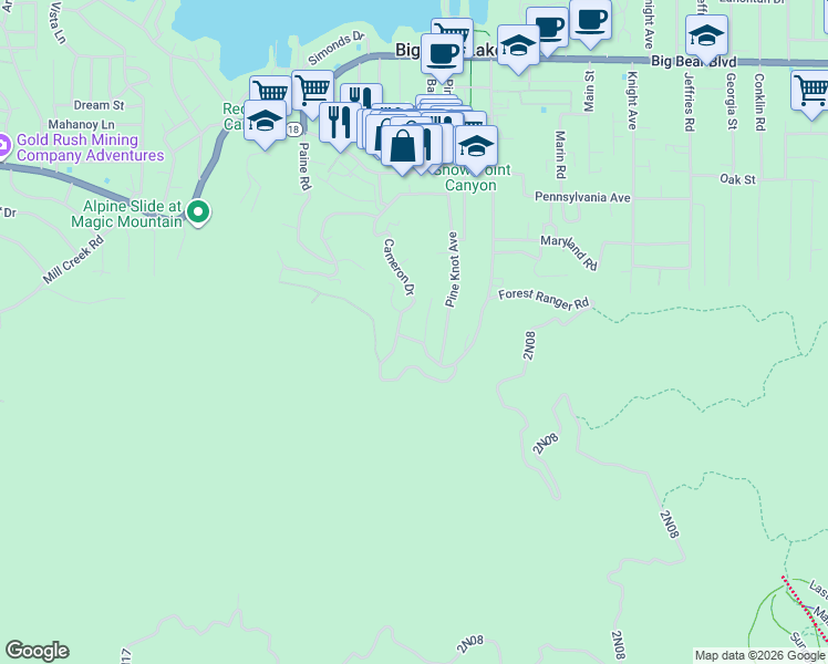 map of restaurants, bars, coffee shops, grocery stores, and more near 993 Cameron Drive in Big Bear Lake