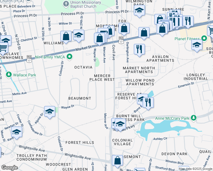 map of restaurants, bars, coffee shops, grocery stores, and more near 315 Mercer Avenue in Wilmington