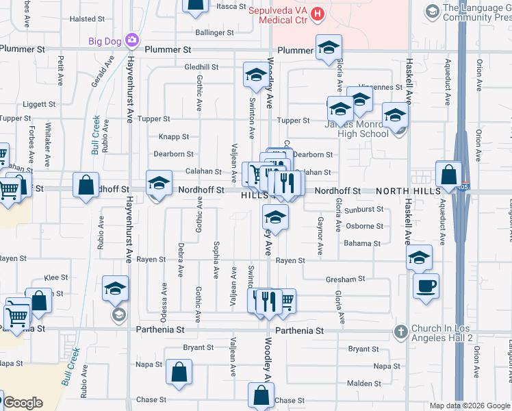 map of restaurants, bars, coffee shops, grocery stores, and more near 9030 Swinton Avenue in Los Angeles