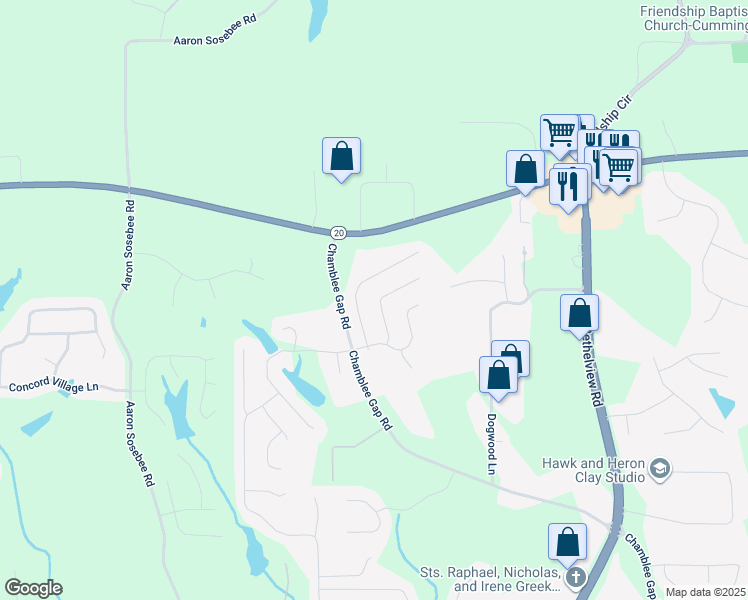 map of restaurants, bars, coffee shops, grocery stores, and more near 3715 Bridges Court in Cumming