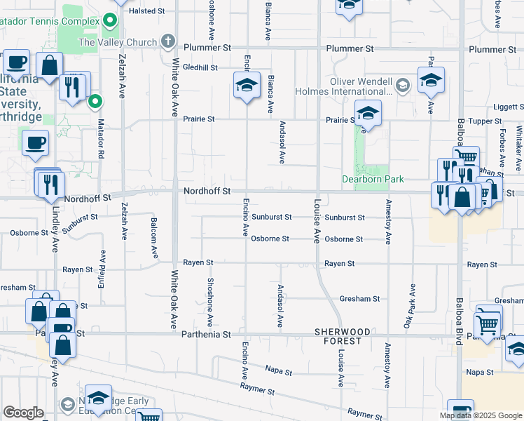 map of restaurants, bars, coffee shops, grocery stores, and more near 17439 Sunburst Street in Los Angeles