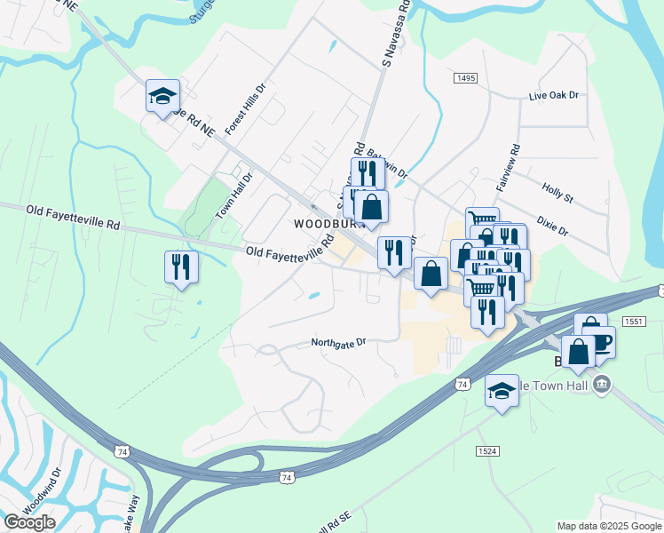 map of restaurants, bars, coffee shops, grocery stores, and more near 1 Manchester Lane in Leland