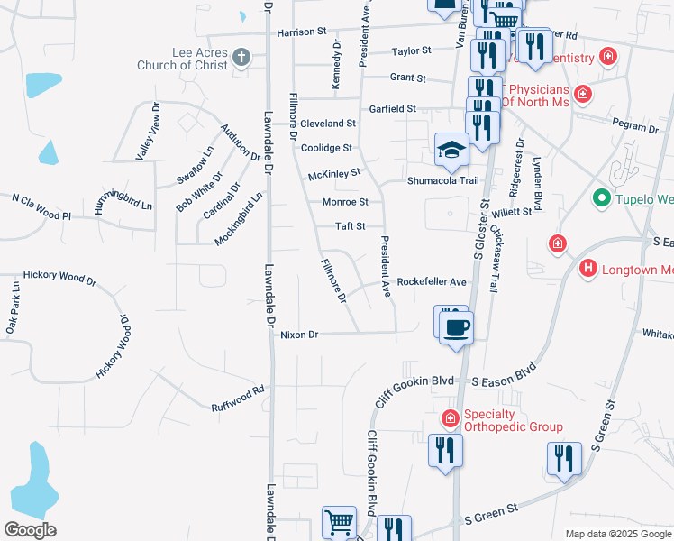 map of restaurants, bars, coffee shops, grocery stores, and more near 2013 Fillmore Drive in Tupelo