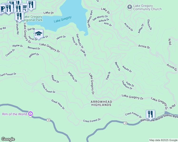 map of restaurants, bars, coffee shops, grocery stores, and more near 24658 Lake Gregory Drive in Crestline