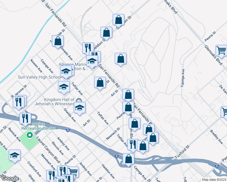 map of restaurants, bars, coffee shops, grocery stores, and more near 11825 Art Street in Los Angeles
