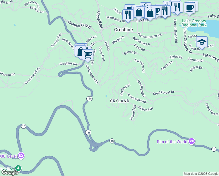 map of restaurants, bars, coffee shops, grocery stores, and more near 1003 Toll House Pass in Crestline