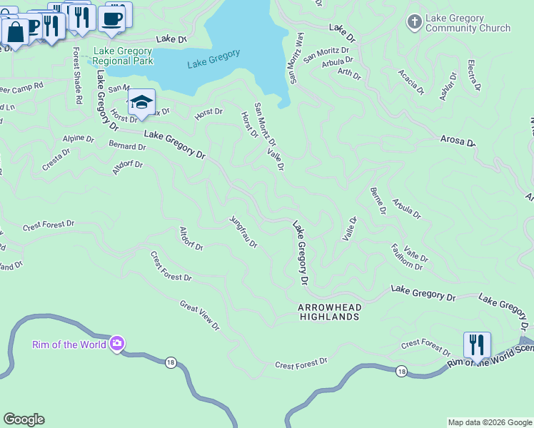 map of restaurants, bars, coffee shops, grocery stores, and more near 1042 Olten Drive in Crestline
