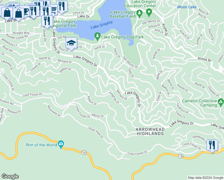 map of restaurants, bars, coffee shops, grocery stores, and more near 1039 Jungfrau Drive in Crestline