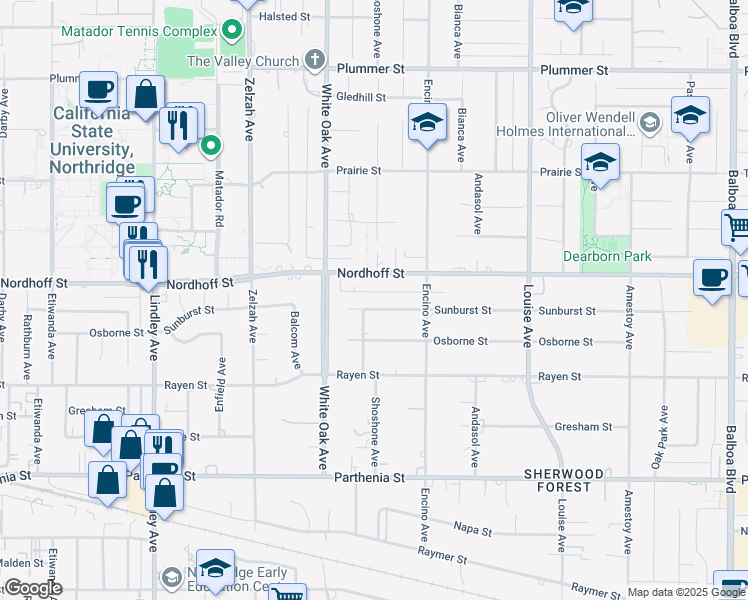 map of restaurants, bars, coffee shops, grocery stores, and more near 17600 Sunburst Street in Los Angeles