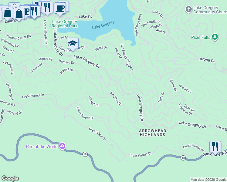 map of restaurants, bars, coffee shops, grocery stores, and more near 1039 Jungfrau Drive in Crestline