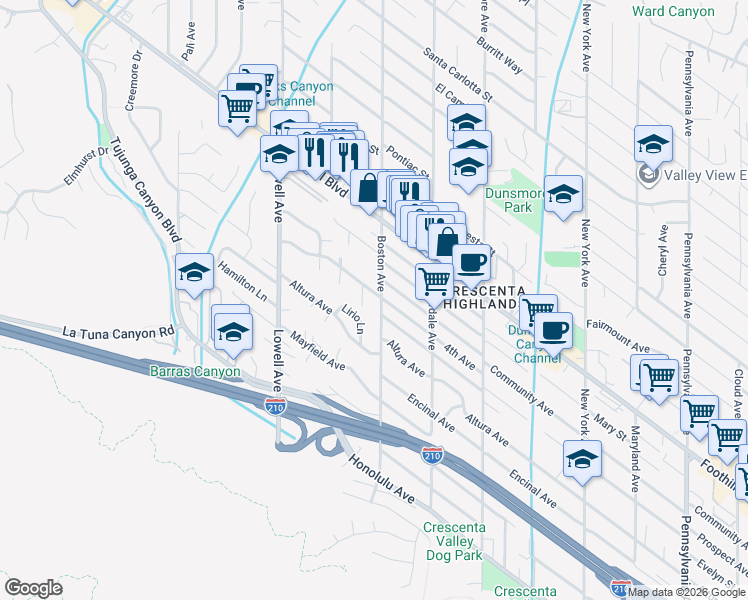 map of restaurants, bars, coffee shops, grocery stores, and more near 4334 Boston Avenue in Glendale