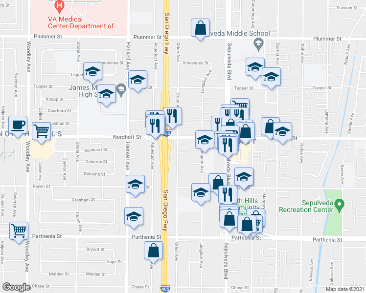 map of restaurants, bars, coffee shops, grocery stores, and more near 9034 Orion Avenue in Los Angeles
