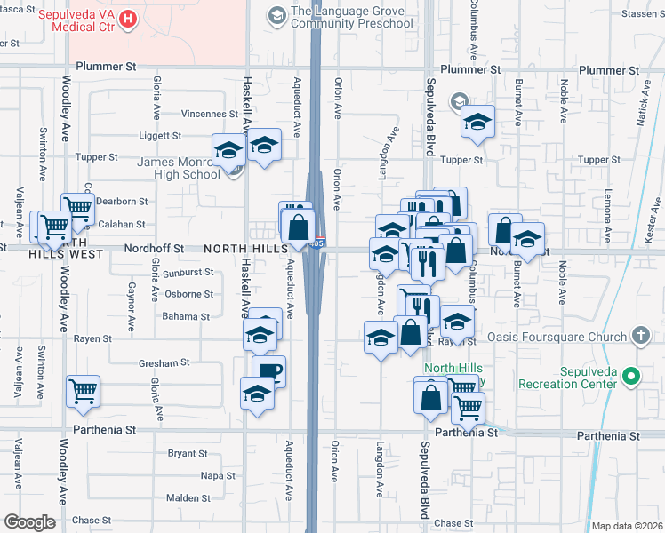 map of restaurants, bars, coffee shops, grocery stores, and more near 9034 Orion Avenue in Los Angeles