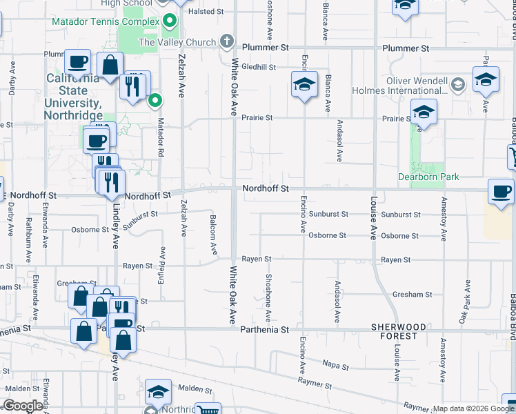 map of restaurants, bars, coffee shops, grocery stores, and more near 17623 Sunburst Street in Los Angeles