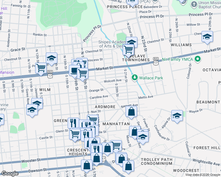 map of restaurants, bars, coffee shops, grocery stores, and more near 1909 Creecy Avenue in Wilmington