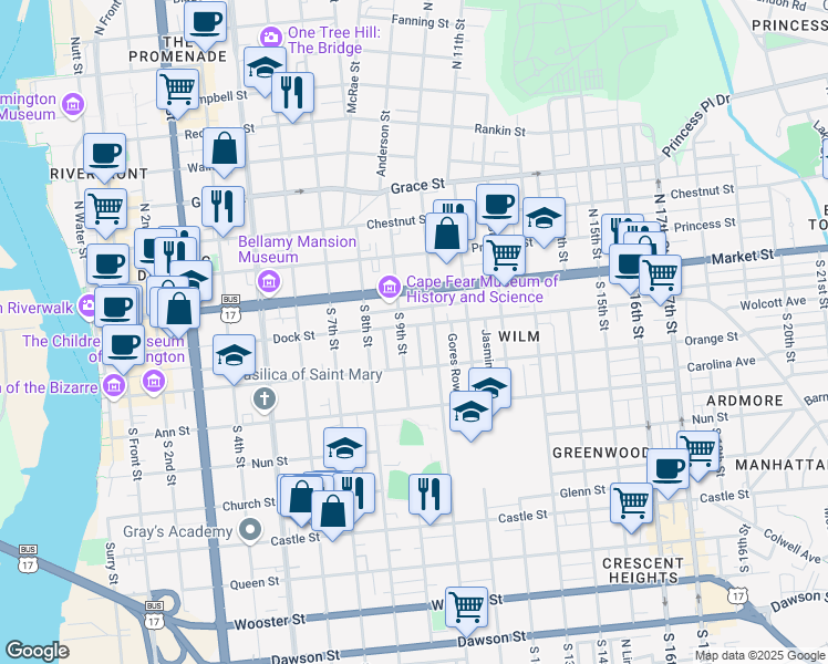 map of restaurants, bars, coffee shops, grocery stores, and more near 111 Magnolia Street in Wilmington