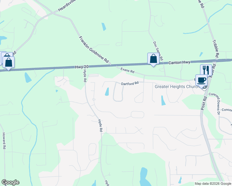 map of restaurants, bars, coffee shops, grocery stores, and more near 4575 Evandale Way in Cumming