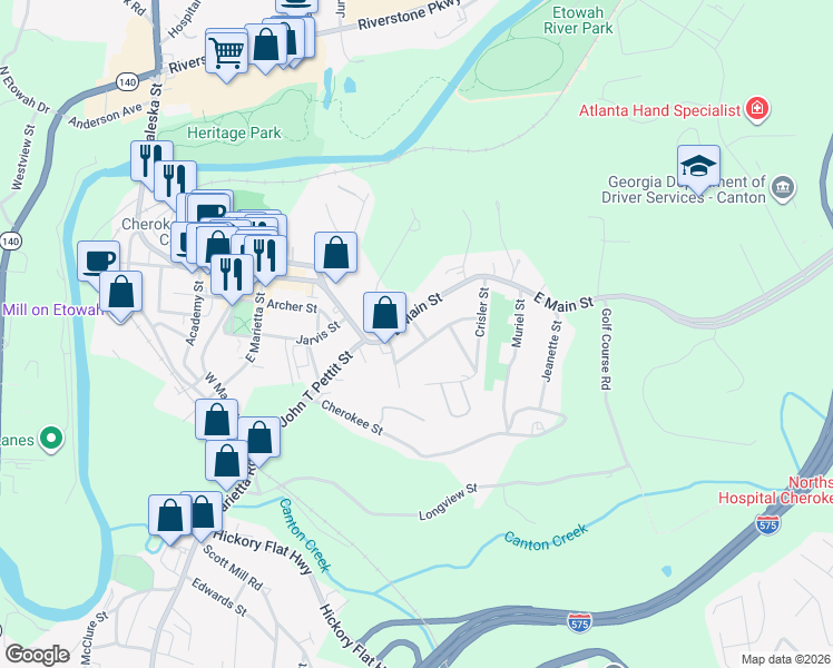 map of restaurants, bars, coffee shops, grocery stores, and more near 239 Roy Mason Lane in Canton