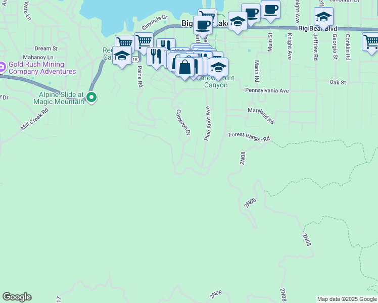 map of restaurants, bars, coffee shops, grocery stores, and more near 991 Cameron Drive in Big Bear Lake